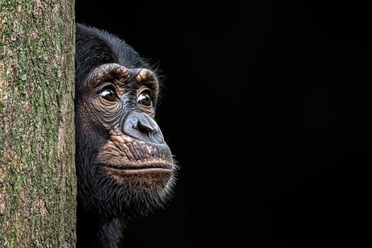 Chimpanzee peeking from behind a tree photo