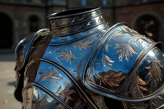 Ornate medieval suit of armor with etched leaf details photo