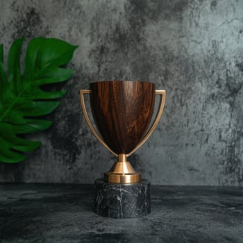 Elegant wooden trophy on dark marble base photo
