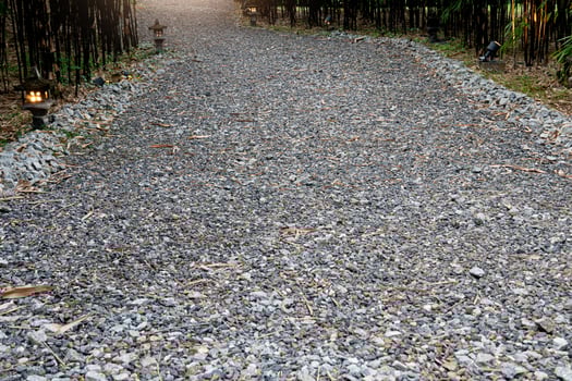 Gravel path that curves and heads straight ahead. The side of the road is dark forest mud. photo