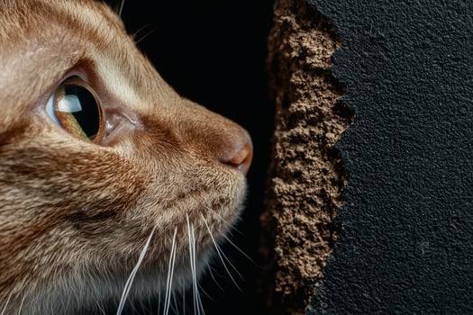Close up of a ginger cats face peering around a corner photo