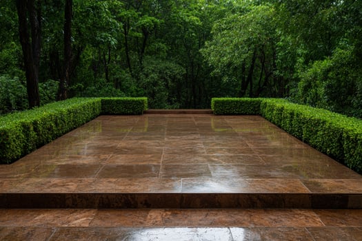 Wet stone patio in a lush green garden photo