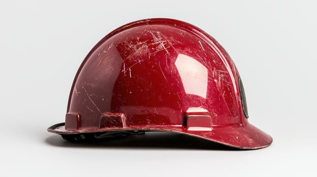 Red hard hat with scratches and scuffs photo