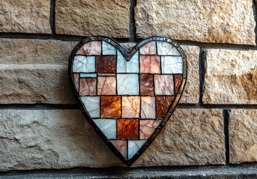 Heart shaped mosaic art hanging on a brick wall photo