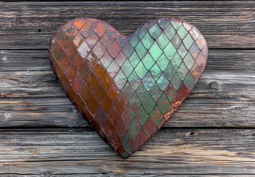Copper and green mosaic heart on rustic wood background photo