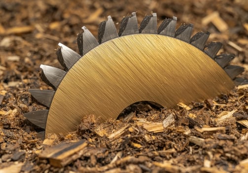 Close up of a sharp circular saw blade in wood shavings photo