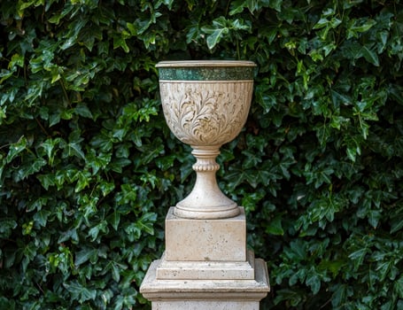 Ornate stone urn on a pedestal against a lush green backdrop photo