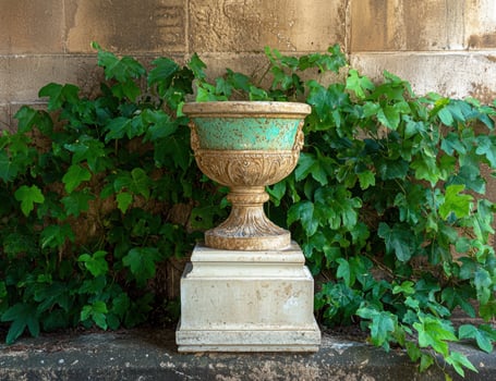 Ornate stone planter with green leaves photo