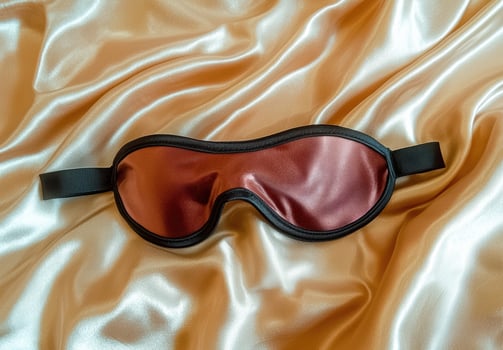 Red silk sleep mask on gold satin fabric photo