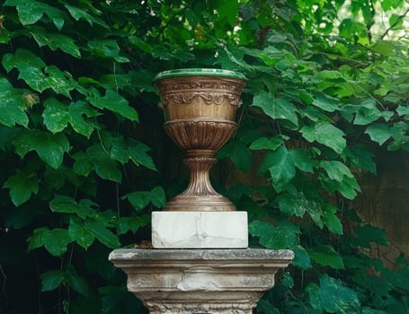 Ornate golden urn on a stone pedestal surrounded by lush green leaves photo