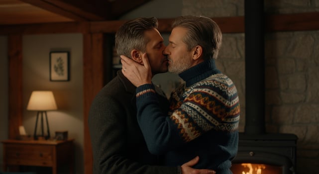 Intimate moment between caucasian mature male couple by cozy fireplace in rustic cabin photo