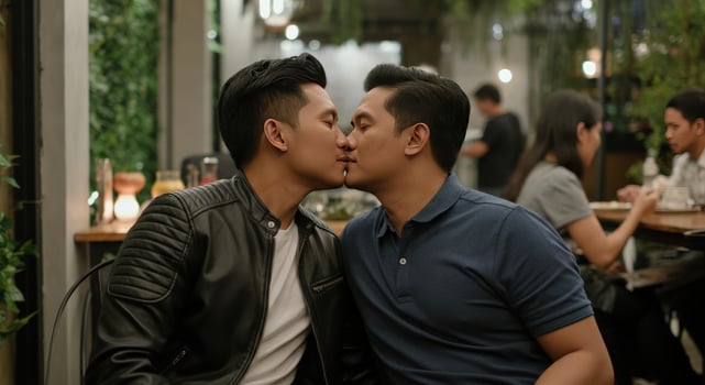 Romantic moment between two young asian men at a cozy restaurant setting photo