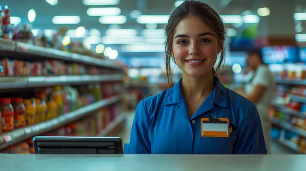 The friendly saleswoman at the register in her blue uniform and name tag smiles warmly photo