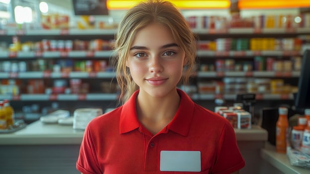 A young female cashier with a nametag on a red T-shirt stands in the store photo