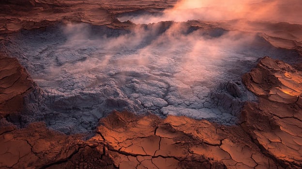 Volcanic Landscape with Cracked Earth and Rising Steam photo