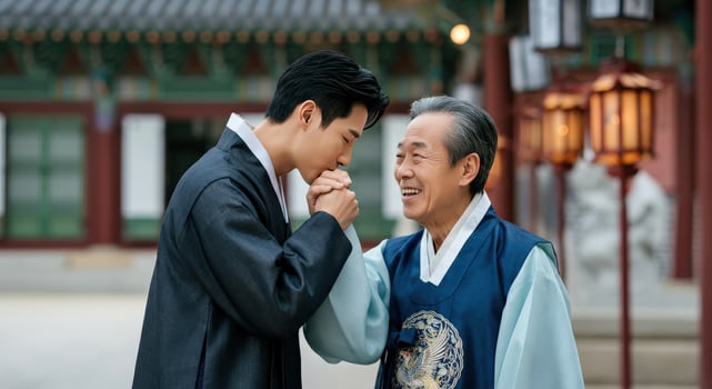 Generations united. young and elderly asian men in traditional korean hanbok in historic temple photo