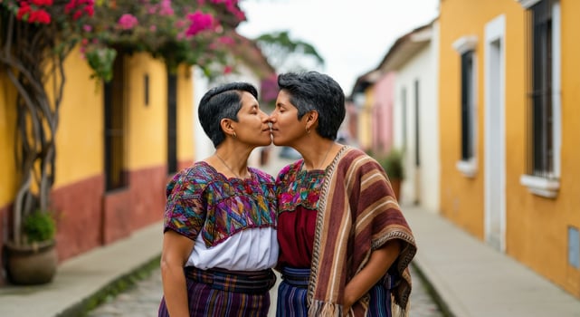 Romantic moment of mature hispanic lesbian couple in traditional attire on a vibrant street photo