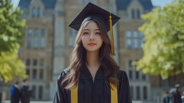 Young asian female graduate in cap and gown standing outside uni photo