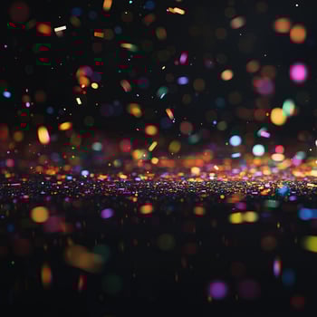 Glittery confetti scattered on a dark black background with festive reflections photo