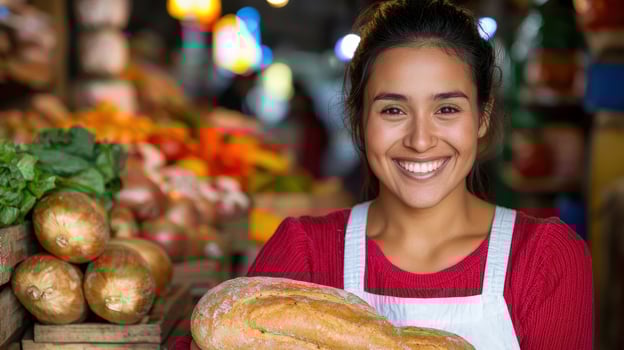 Happy Hispanic female baker holding fresh bread at a vibrant market stall photo