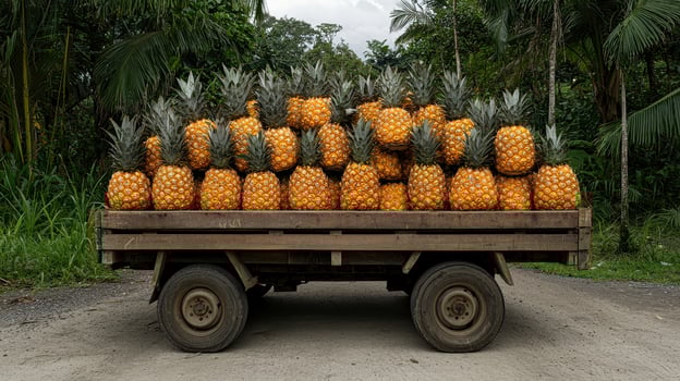 Fresh Pineapples on Wooden Cart Tropical Plantation Harvest Rural Road photo