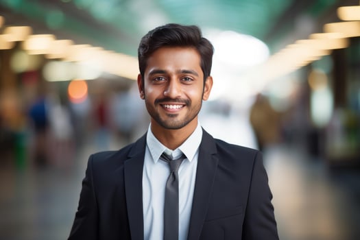 Portrait of smiling indian businessman wearing suit and tie in office hallway photo