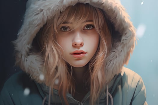 Blonde woman wearing fur hood in winter wonderland photo