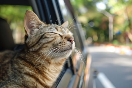 Curious cat enjoying road trip, sticking head out car window photo
