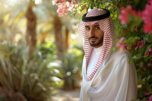 Portrait of confident saudi arabian man wearing traditional clothing in lush garden photo