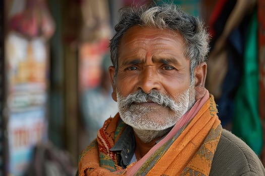 Portrait of indian senior man wearing orange scarf looking at camera photo