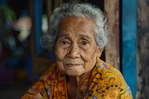 Elderly indonesian woman showing wrinkles and wisdom photo