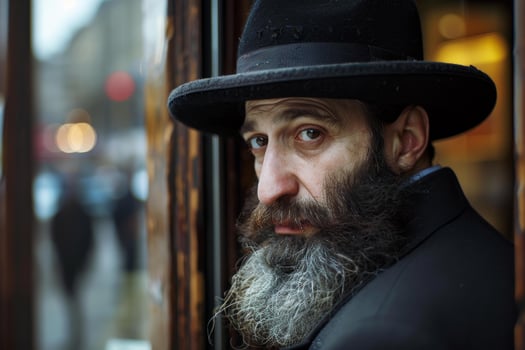 Bearded man wearing a hat and looking over his shoulder photo