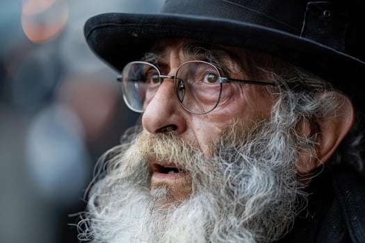 Bearded senior man wearing a hat and glasses is looking upwards photo