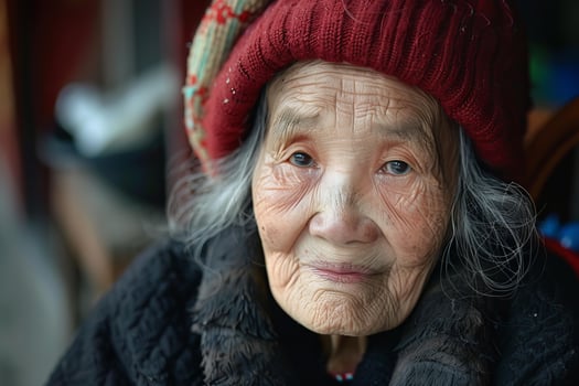 Elderly chinese woman wearing red knit hat smiling gently photo