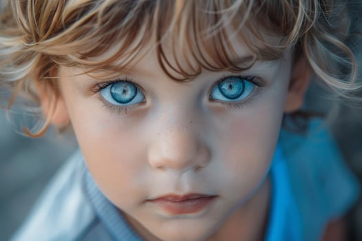 Portrait of adorable toddler with striking blue eyes and freckles photo