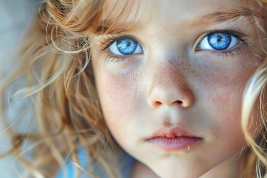 Portrait of young girl showing intense blue eyes and freckles photo