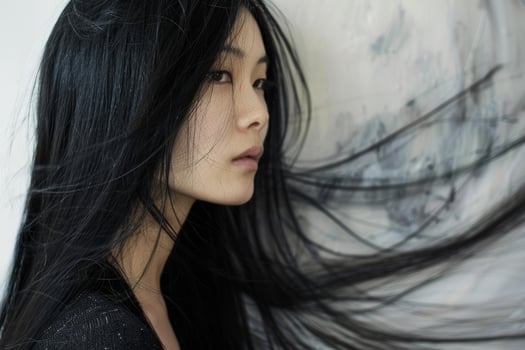 Fashion model posing with long black hair flowing photo