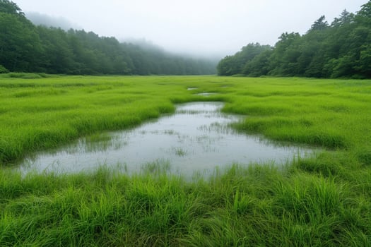 marshy meadow among the forest, peat fen photo