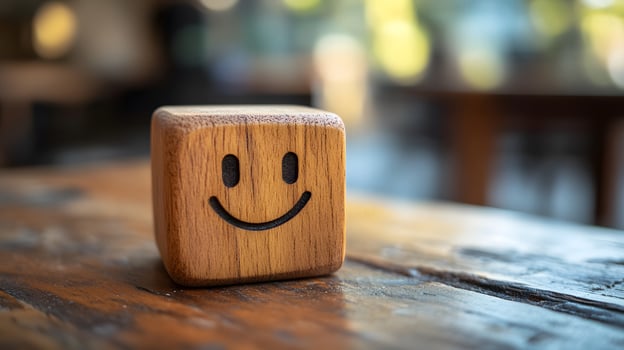 Wooden cube featuring simple smiley face stands against blurred modern office background. Warm bokeh lighting creates shallow depth of field in minimalist composition. minimalist photo