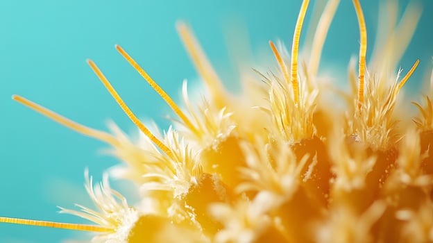 Golden barrel cactus displays striking yellow spines against soft baby blue background. Macro photography captures sharp detail of spines in clean modern aesthetic composition. spines photo
