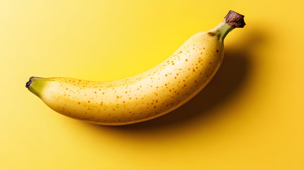Single fresh banana positioned on yellow background creates vibrant monochromatic color scheme. Clean commercial food photography showcases minimalist composition in studio lighting. fresh photo