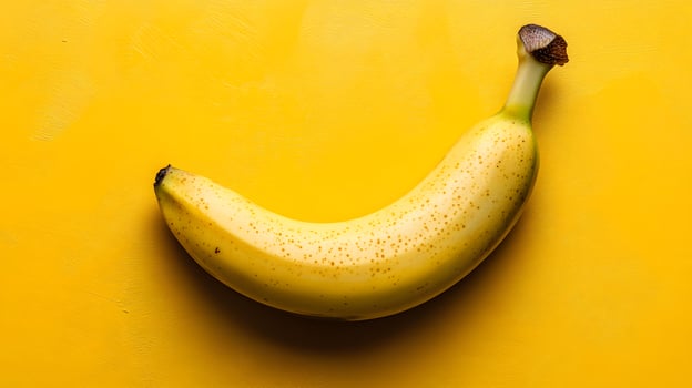 Single fresh banana positioned on yellow background creates vibrant monochromatic color scheme. Clean commercial food photography showcases minimalist composition in studio lighting. tropical photo