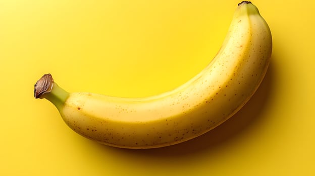 Single fresh banana positioned on yellow background creates vibrant monochromatic color scheme. Clean commercial food photography showcases minimalist composition in studio lighting. vibrant photo