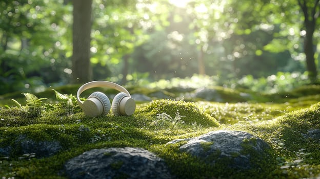 Wooden ear cup headphones vine like headband are placed on moss covered rocks in peaceful forest. Sunlight filters through canopy creating serene atmosphere photo
