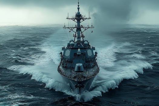 contemporary naval destroyer powers through storm its strong engines thrumming against ferocious waves surrounded mist and ocean spray moody skies photo
