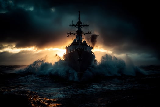 modern naval destroyer navigates fierce waves stormy skies. Its engines propel against relentless spray and mist demonstrating strength in turbulent waters photo