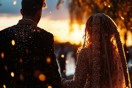 South Asian couple dressed in traditional attire stands together riverbank enjoying tranquility of sunrise while thoughtfully gazing into horizon creating serene atmosphere photo
