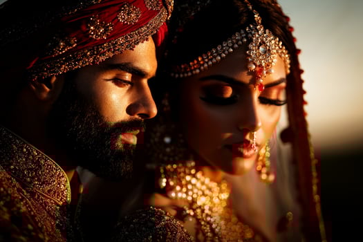 South Asian couple stands together on riverbank sunrise dressed in traditional attire. They gaze into distance reflecting cultural richness and tranquility photo