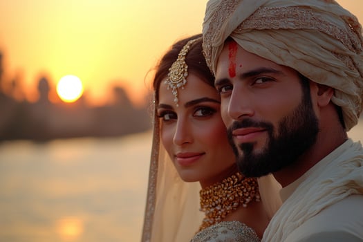 South Asian couple stands riverbank during sunrise both dressed in traditional attire. They gaze into distance showcasing moment of tranquility and cultural beauty photo
