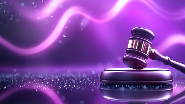 Wooden courtroom gavel casting dramatic purple shadows, illuminating legal against blurred luminous background, 4K photo